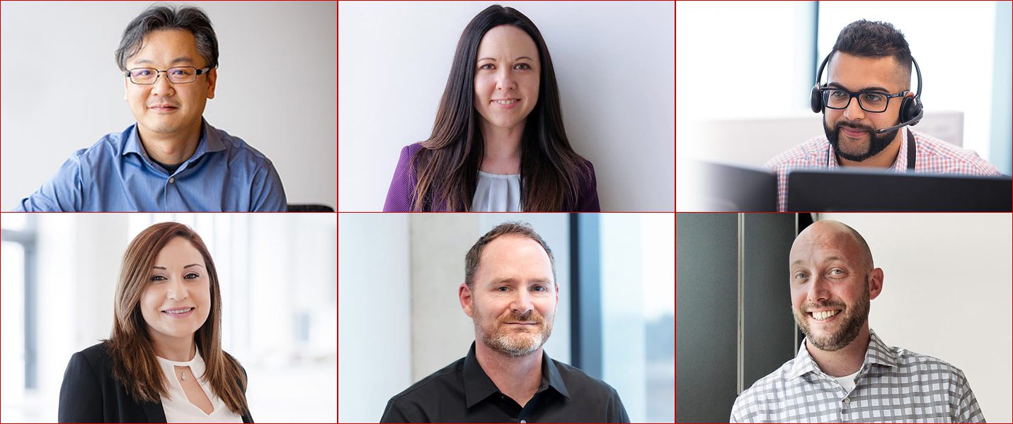 Collage of six individuals working in separate frames, highlighting different roles and work environments.