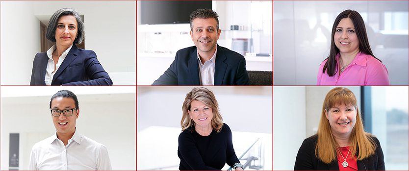 Collage représentant six personnes travaillant dans des cadres distincts, mettant en évidence différents rôles et environnements de travail.